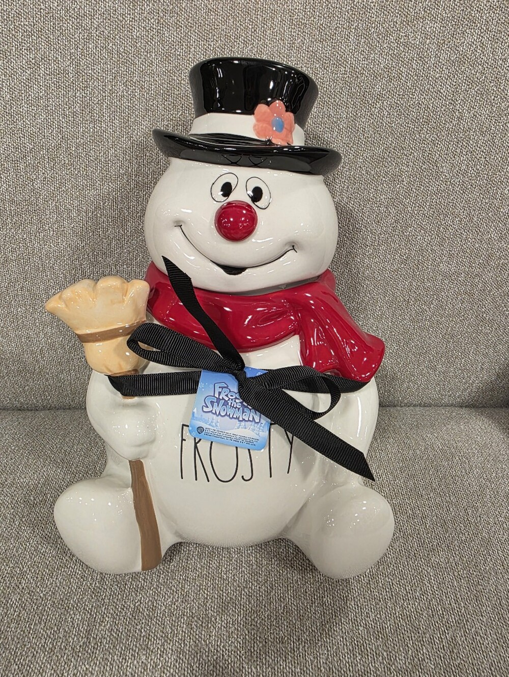Frosty Snowman Ceramic Cookie Jar - Red Scarf, Black Hat